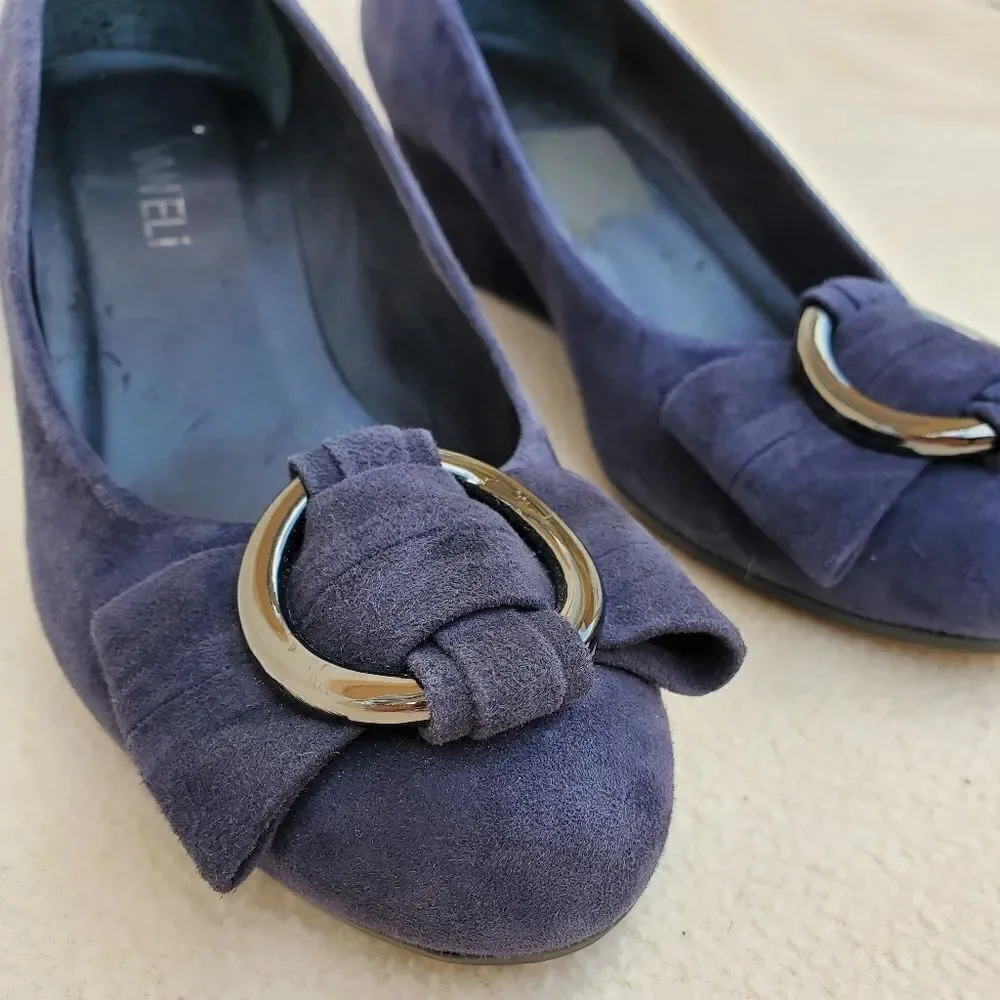 Vaneli blue suede wedges with attached ribbon buckle